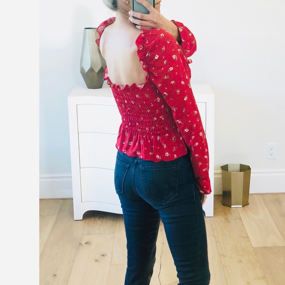 Long Sleeve Red Floral Print Ruffle Top - Picture 6 of 9